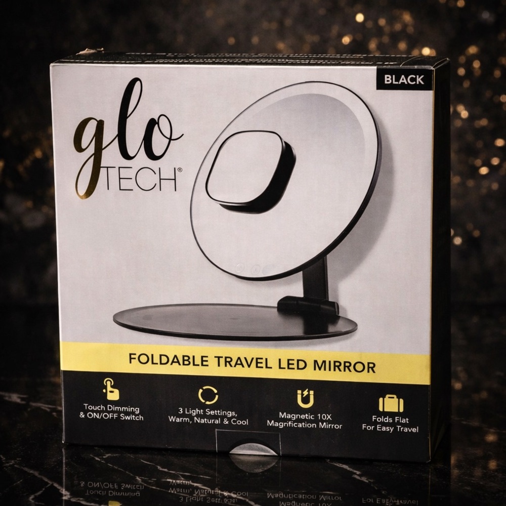 Glo Tech Foldable LED Travel Mirror 10X Magnifying Black Rechargeable Vanity